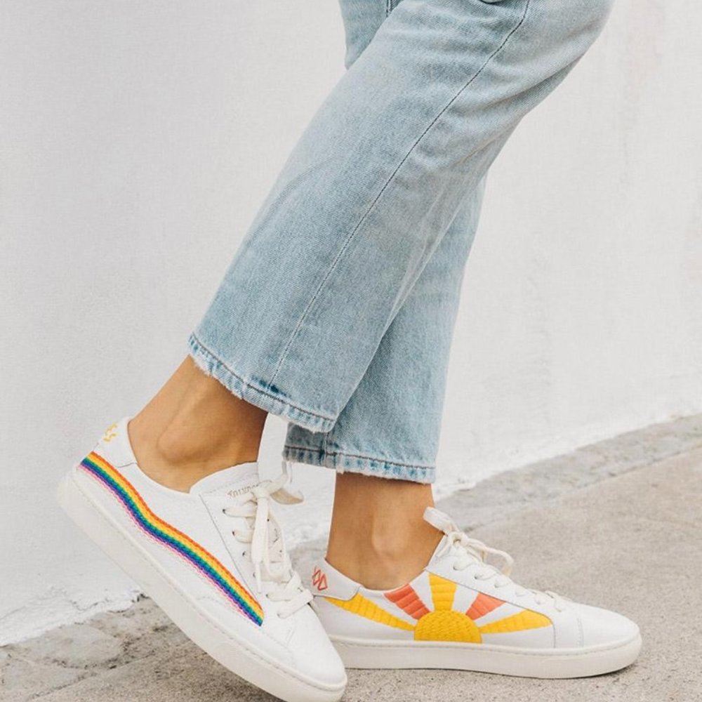 Soludos White Sneakers with Rainbow Stripe and Yellow Sunburst